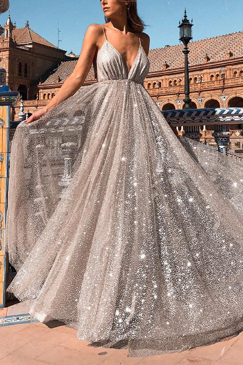 Sparkly Plunge Sequin Mesh Overlay Long Backless Prom Gown Dresses sunifty Sparkly Plunge Sequin Mesh Overlay Long Backless Prom Gown Dresses sunifty