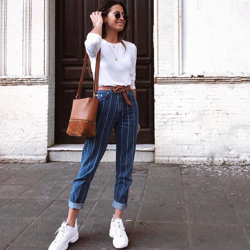 Casual Slimming Cuffed High Waisted Vertical Striped Skinny Jeans