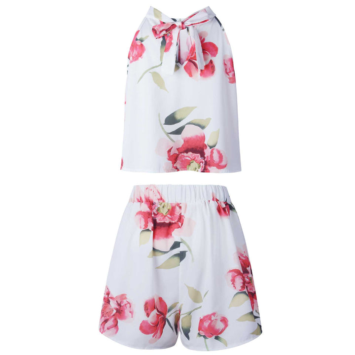 Tie Back Halter Top Floral Prints Two Piece Romper Jumpsuits