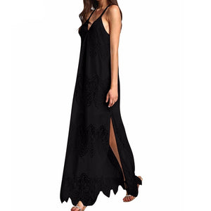Vacation Spaghetti Strap Mesh Lace Side Split Maxi Beach Dresses Cover Ups