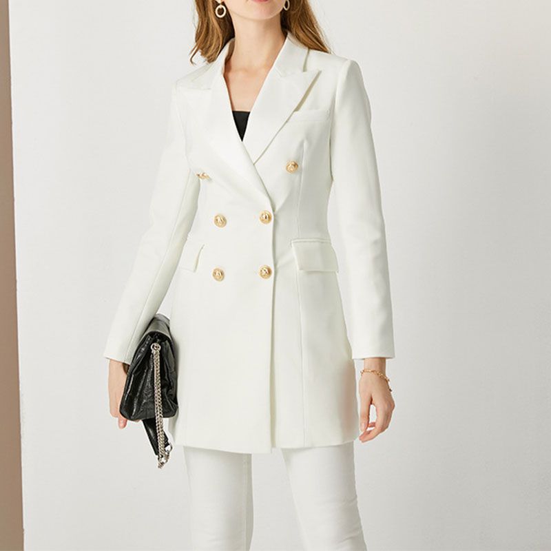 Tailored Satin Collar Blazer Dress Double Breasted Work Jacket Dress