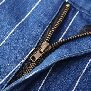 Casual Slimming Cuffed High Waisted Vertical Striped Skinny Jeans