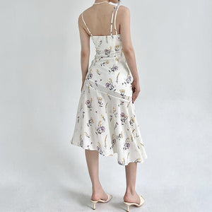 Asymmetric Slip Floral Print Scallop Hem Shift White Flare Dress