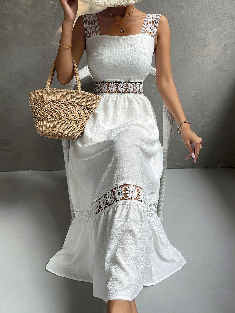 Boho Casual Cotton Eyelet Hollow Thick Strap Lace Midi Dress