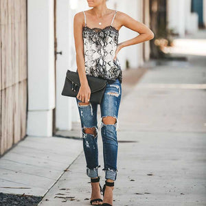 Retro Print Snake Leopard Lace Cami Tank Spaghetti Top