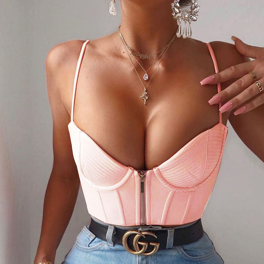 Front Zip Up Faux Leather Underwired Bustier Crop Top Tanks