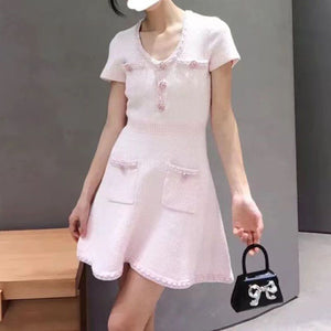Sequin Crystal Embellished Short Sleeve Knit Mini Dress With Jewel Buttons
