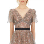 Tassels Sparkly Mesh Sequin V Neck Glitter Layered Ruffle Dress