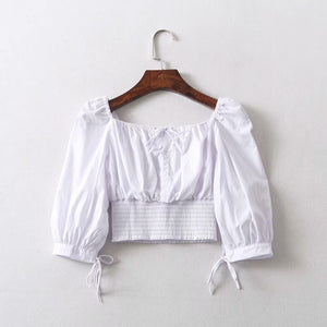Vintage Hawaiian Wild Flowers Floral Front Tie Ruched Square Neck Smocked Crop Top Shirts
