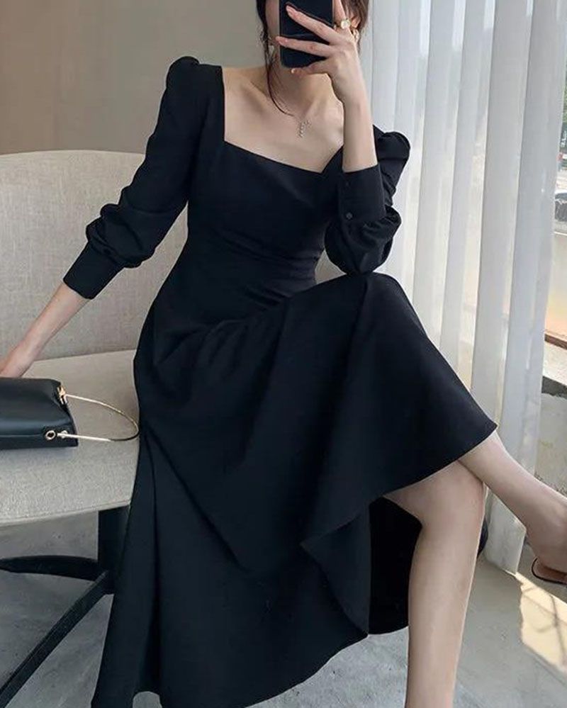 All Black Slim Puff Long Sleeve Square Neck A Line Midi Dresses That H
