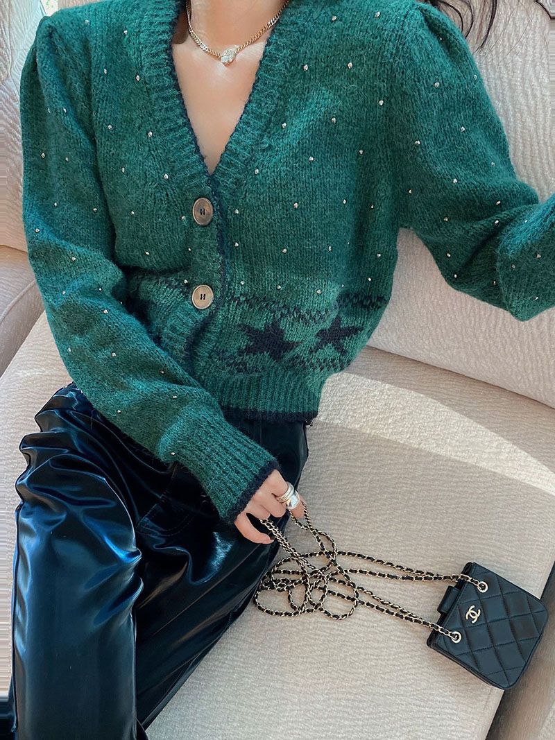 Cystal Embellished Alpaca Wool Blend Stars Knitted Cardigan Coat