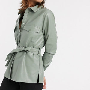 Green Faux Leather Shirt Jacket With Tie Waist Belt