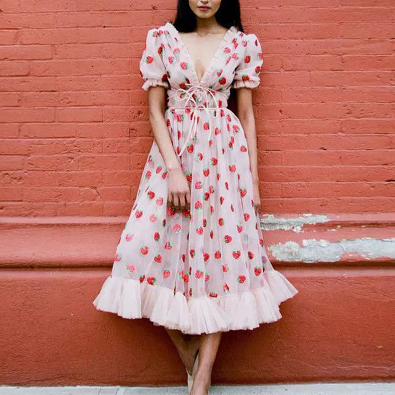 Sparkly Sequin Strawberry Midi Dress Ruffle Mesh Tulle Ball Gown – sunifty