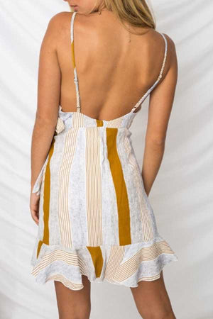 Colorful Striped Tie Waist Frill Wrap Short Ruffle Dress