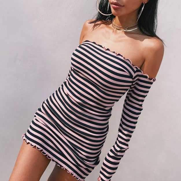 Stripe Ruffles Off Shoulder Bodycon Long Sleeve Tight Dress