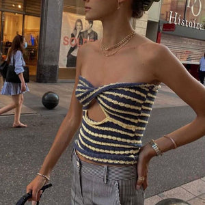 Rainbow Stripes Crinkle Smocked Cut Out Twisted Strapless Top Longline Bandeau