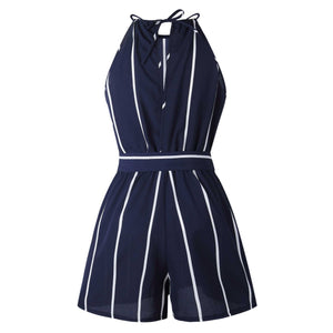 Slimming Belted Tie Waist High Neck Striped Jumpsuit Shorts
