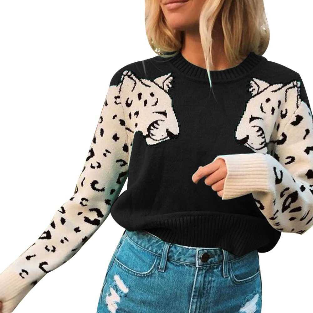 Contrast White Leopard Knit Crewneck Jumper Sweater Ribbed
