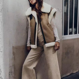 Oversized Pleather Faux Fur Shearling Vest Jacket Fur Collar