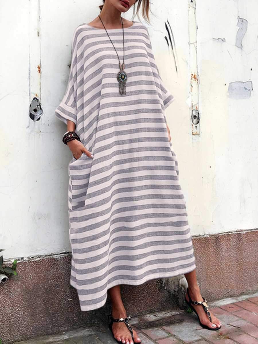 Oversized Casual Striped Maxi Dress With Sleeve