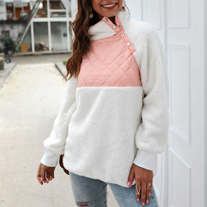 Colorblock Wubby Asymmetrical Snap Up Fleece Pullover Sweatshirt