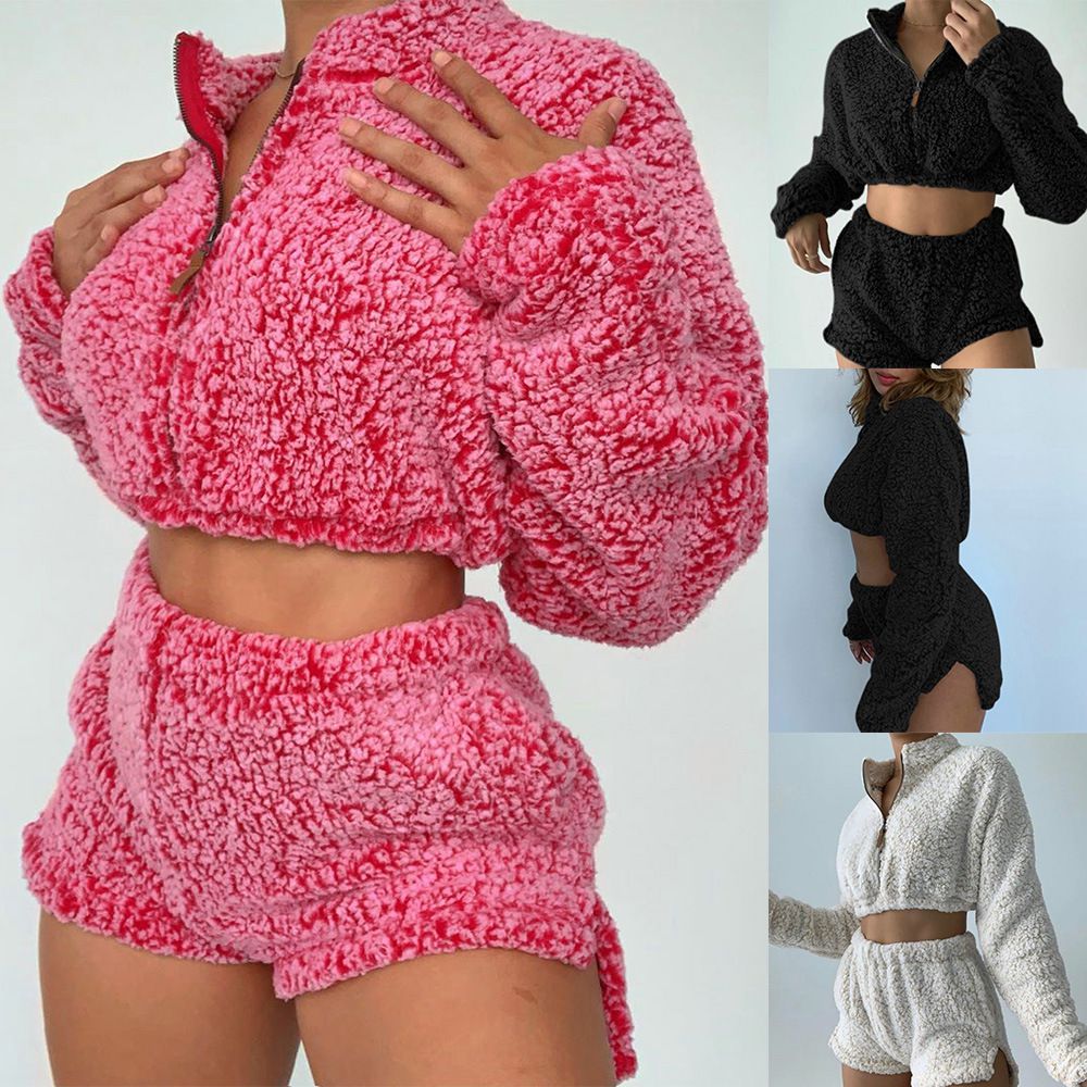 Fuzzy Cropped Faux Fur Teddy Pullover and Fleece shorts Co ord Set