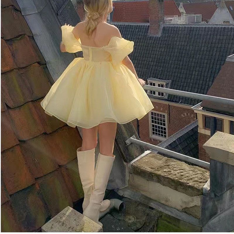 Sheer Organza Skirt Bandeau Puff Sleeve Mini Princess Dress