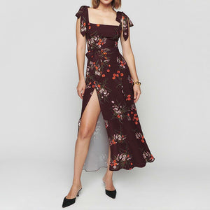 Retro Garden Tie Shoulder Spaghetti Midi Dress With Slit