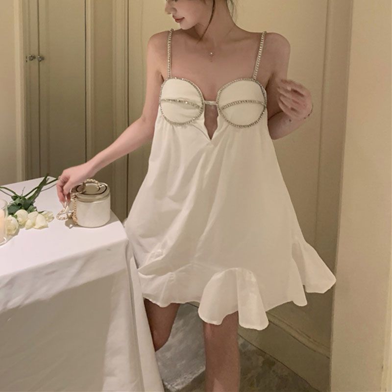Embellished Crystal Trim Cotton Scallop Hem Bustier Poplin Mini Dress   sunifty