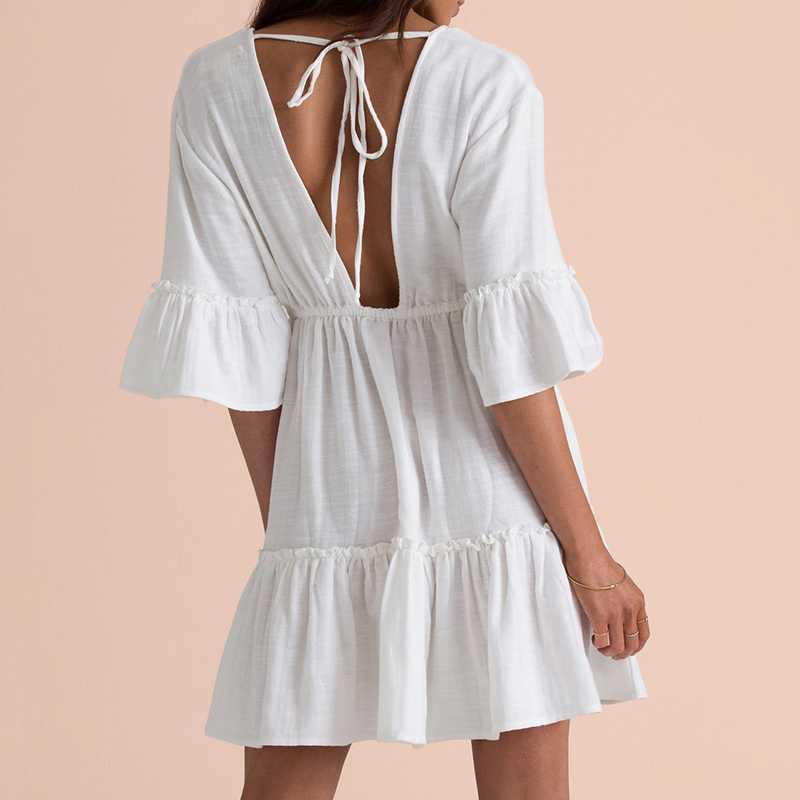 Casual Ruffle Trimmed Long Puff Sleeve V Cut Out Back V Neck Dress