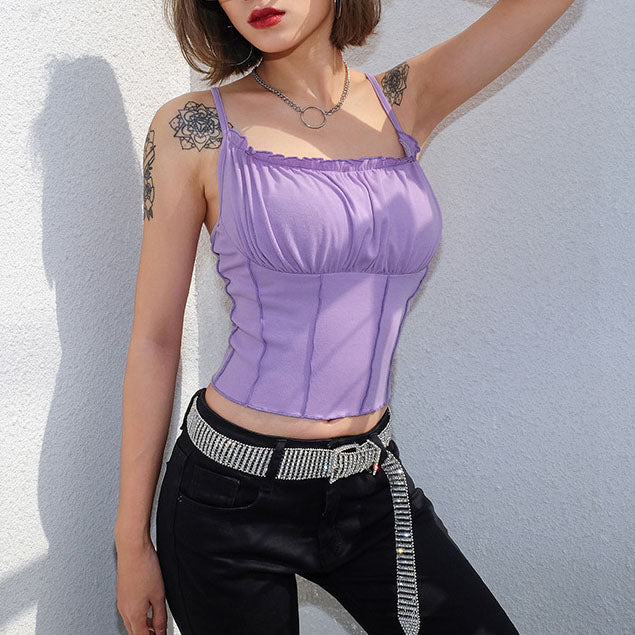Ruffle Trimmed Spaghetti Tie Knot Front Tank Top
