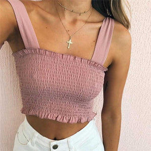 Curved Hem Trimmed Scrunch Tie Up Shoulder Ruched Crop Top Tanks
