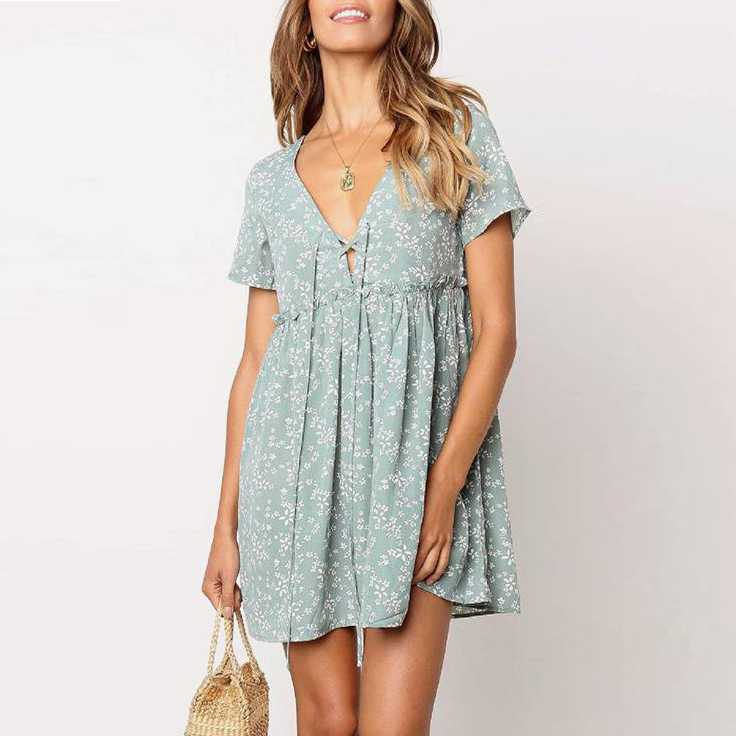 Stomach Hide Casual Deep Plunge Front Tie Shift Swing Dress – sunifty