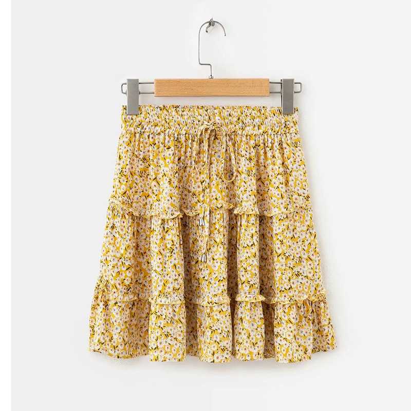 Aesthetic Hibiscus Paisley Elastic Band Boho Floral Tie Front High Waist Layered Ruffle Floral Skirt