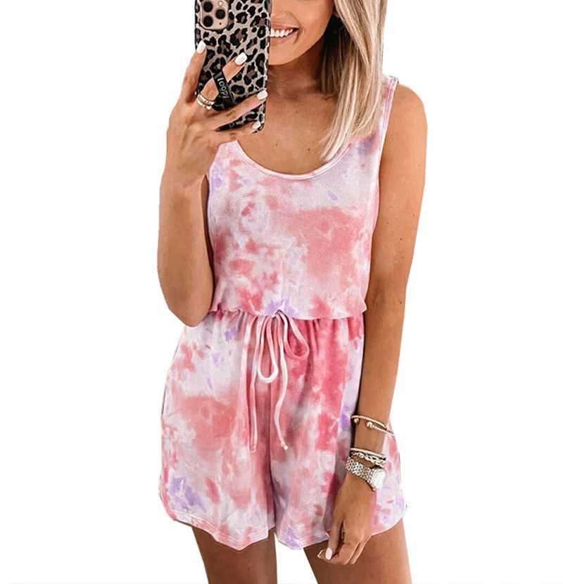 Bleach Tie Dye Short Sleeve Romper shorts Tie Waist Short Jumpsuit