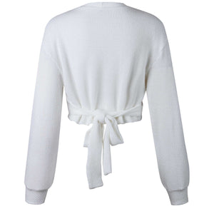 Oversized Tie Back Knitted Wrap Front Sweater Crop Tops