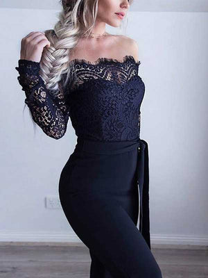 Cozy Lace Off The Shoulder Tie Jumpsuit Pantsuits