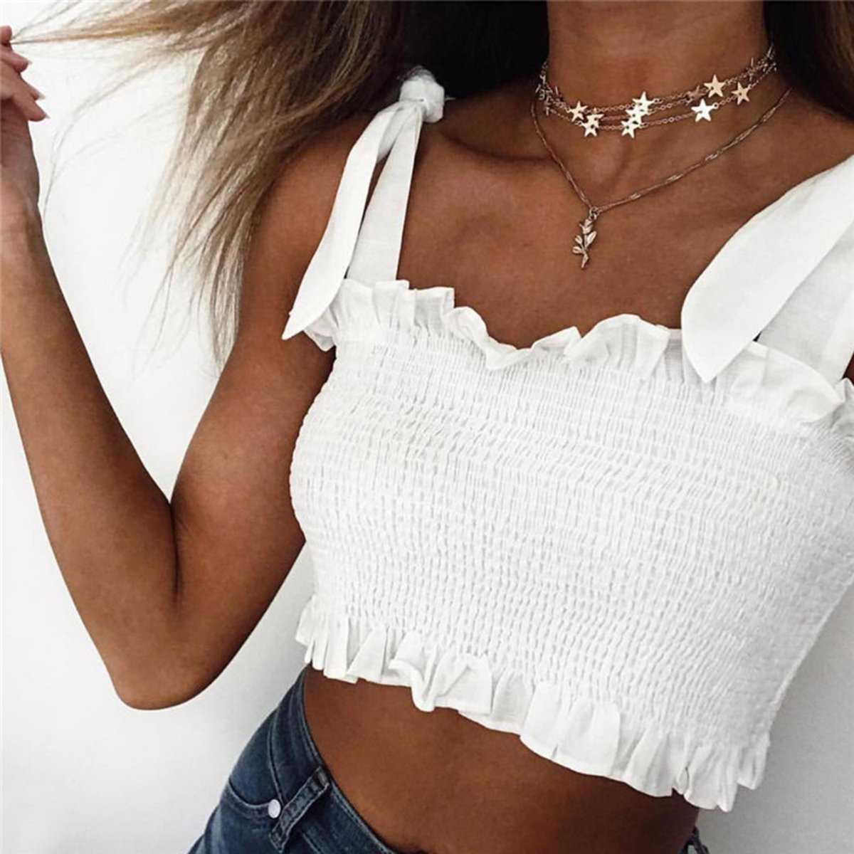 Curved Hem Trimmed Scrunch Tie Up Shoulder Ruched Crop Top Tanks