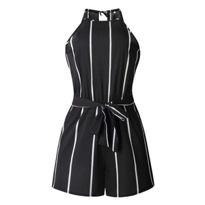 Slimming Belted Tie Waist High Neck Striped Jumpsuit Shorts