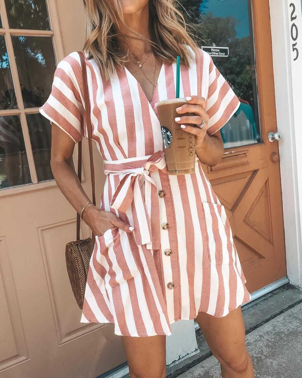 Classic Casual Deep V Neck Tie Waist Vertical Striped Bodycon dress –  sunifty