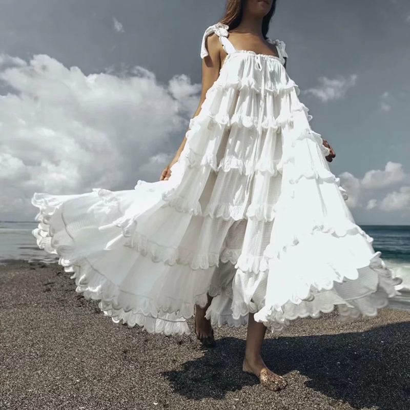 Flowy Frilly Tie Shoulder Tiered Ruffle Maxi Dress For Beach Vacation sunifty Flowy Frilly Tie Shoulder Tiered Ruffle Maxi Dress For Beach Vacation sunifty