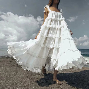 Flowy Frilly Tie Shoulder Tiered Ruffle Maxi Dress For Beach Vacation