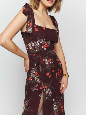 Retro Garden Tie Shoulder Spaghetti Midi Dress With Slit