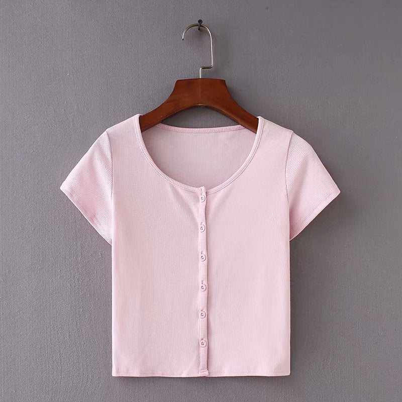 Women's Short Sleeve Button Down Ribbed Crop Top main image 0