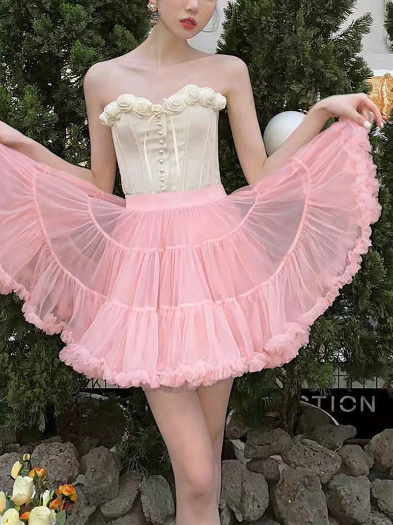 Pastel Pink Ballerina Tulle Tutu Skirt Puffy Ruffle Layered Lolita Petticoat Underskirt