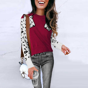 Contrast White Leopard Knit Crewneck Jumper Sweater Ribbed