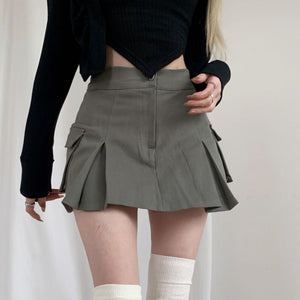 Steam Punk Utility Mini Cargo Pocket Pleated Denim Skirt