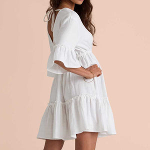 White Midi Sleeve Deep V Back Frill Mini Dress