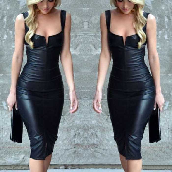 Chic Plunge V Cut Black Faux Leather Bodycon Pu Dress
