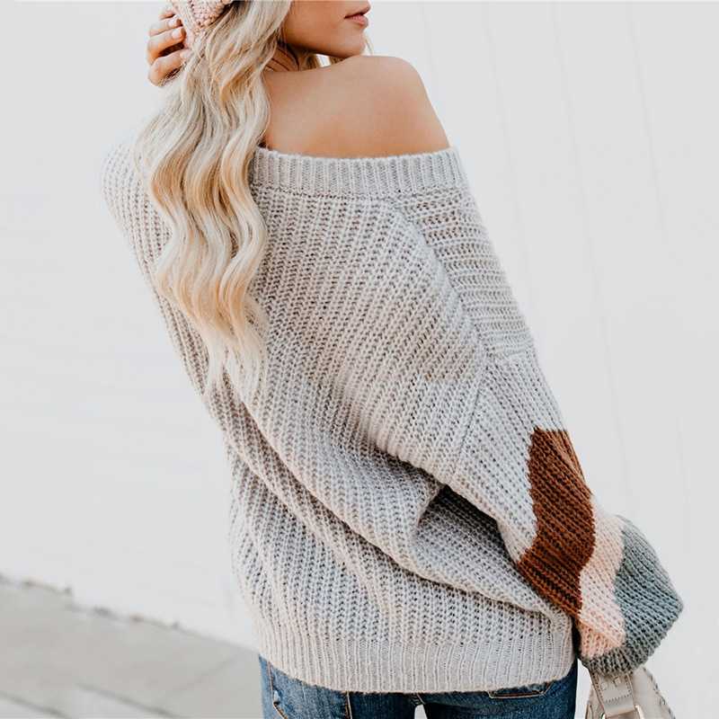 Oversized Color Block Chevron Stripes Off The Shoulder Knit Pullover Sweater